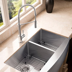 ZLINE 36 in. Courchevel Farmhouse Apron Mount Double Bowl Stainless Steel Kitchen Sink with Bottom Grid, SA60D-36 - The Home Selection