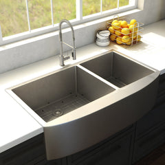 ZLINE 36 in. Niseko Farmhouse Apron Mount Double Bowl Stainless Steel Kitchen Sink with Bottom Grid, SA50D-36 - The Home Selection