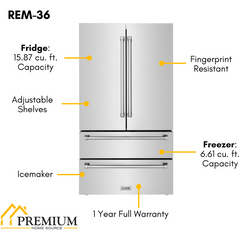 ZLINE 36 inch 22.5 cu. ft Built-in French Door Refrigerator with Ice Maker in Fingerprint Resistant Stainless Steel, RFM-36 - The Home Selection