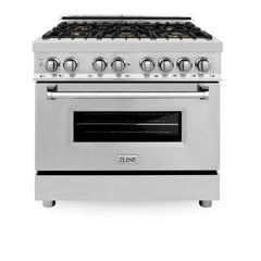 ZLINE 36-Inch 4.6 cu. ft. Electric Oven and Gas Cooktop Dual Fuel Range with Griddle and Brass Burners in Stainless Steel - RA-BR-GR-36 - The Home Selection