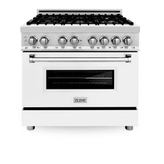 ZLINE 36-Inch 4.6 cu. ft. Electric Oven and Gas Cooktop Dual Fuel Range with Griddle and White Matte Door in Stainless Steel - RA-WM-GR-36 - The Home Selection