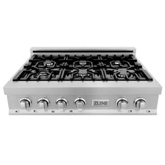 ZLINE 36-Inch Porcelain Gas Stovetop in Fingerprint Resistant Stainless Steel with 6 Gas Burners and Griddle - RTS-GR-36 - The Home Selection