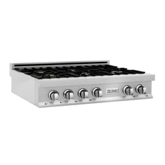 ZLINE 36-Inch Porcelain Gas Stovetop in Fingerprint Resistant Stainless Steel with 6 Gas Burners and Griddle - RTS-GR-36 - The Home Selection