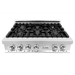 ZLINE 36-Inch Porcelain Gas Stovetop with 6 Gas Burners and Griddle - RT-GR-36 - The Home Selection