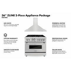 ZLINE 36" Kitchen Package with Stainless Steel Dual Fuel Range and Convertible Vent Range Hood - 2KP-RARH36 - The Home Selection