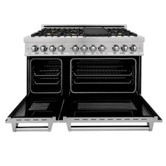 ZLINE 48-Inch 6.0 cu. ft. Electric Oven and Gas Cooktop Dual Fuel Range with Griddle and Brass Burners in Fingerprint Resistant Stainless - RAS-SN-BR-GR-48 - The Home Selection