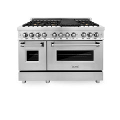 ZLINE 48-Inch 6.0 cu. ft. Electric Oven and Gas Cooktop Dual Fuel Range with Griddle and Brass Burners in Stainless Steel (RA-BR-GR-48) - The Home Selection