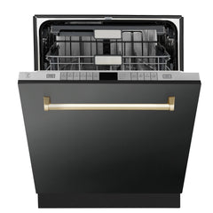 ZLINE Autograph Edition 24" 3rd Rack Top Touch Control Tall Tub Dishwasher in Black Stainless Steel with Handle, 45dBa (DWMTZ-BS-24) - The Home Selection