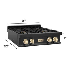 ZLINE Autograph Edition 30" Porcelain Rangetop with 4 Gas Burners in Black Stainless Steel and Accents - RTBZ-30 - The Home Selection