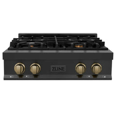ZLINE Autograph Edition 30" Porcelain Rangetop with 4 Gas Burners in Black Stainless Steel and Accents - RTBZ-30 - The Home Selection