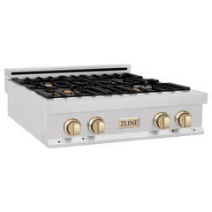 ZLINE Autograph Edition 30" Porcelain Rangetop with 4 Gas Burners in DuraSnow® Stainless Steel and Accents - RTSZ-30 - The Home Selection