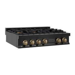 ZLINE Autograph Edition 36" Porcelain Rangetop with 6 Gas Burners in Black Stainless Steel with Accents - RTBZ-36 - The Home Selection