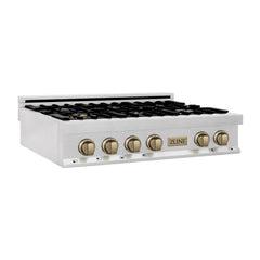 ZLINE Autograph Edition 36" Porcelain Rangetop with 6 Gas Burners in DuraSnow® Stainless Steel with Accents - RTSZ-36 - The Home Selection