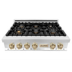 ZLINE Autograph Edition 36" Porcelain Rangetop with 6 Gas Burners in Stainless Steel with Accents - RTZ-36 - The Home Selection