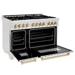 ZLINE Autograph Edition 48" 6.0 cu. ft. Dual Fuel Range with Gas Stove and Electric Oven in DuraSnow® Stainless Steel with Accents - RASZ-SN-48 - The Home Selection