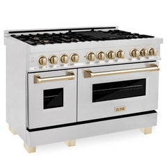ZLINE Autograph Edition 48" 6.0 cu. ft. Dual Fuel Range with Gas Stove and Electric Oven in DuraSnow® Stainless Steel with Accents - RASZ-SN-48 - The Home Selection