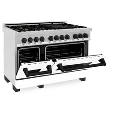 ZLINE Autograph Edition 48" 6.0 cu. ft. Dual Fuel Range with Gas Stove and Electric Oven in DuraSnow® Stainless Steel with White Matte Door with Accents - RASZ-WM-48 - The Home Selection