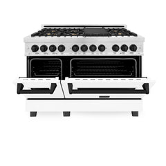 ZLINE Autograph Edition 48" 6.0 cu. ft. Dual Fuel Range with Gas Stove and Electric Oven in DuraSnow® Stainless Steel with White Matte Door with Accents - RASZ-WM-48 - The Home Selection