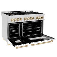 ZLINE Autograph Edition 48" 6.0 cu. ft. Dual Fuel Range with Gas Stove and Electric Oven in DuraSnow® Stainless Steel with White Matte Door with Accents - RASZ-WM-48 - The Home Selection