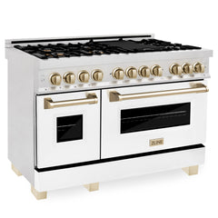 ZLINE Autograph Edition 48" 6.0 cu. ft. Dual Fuel Range with Gas Stove and Electric Oven in DuraSnow® Stainless Steel with White Matte Door with Accents - RASZ-WM-48 - The Home Selection